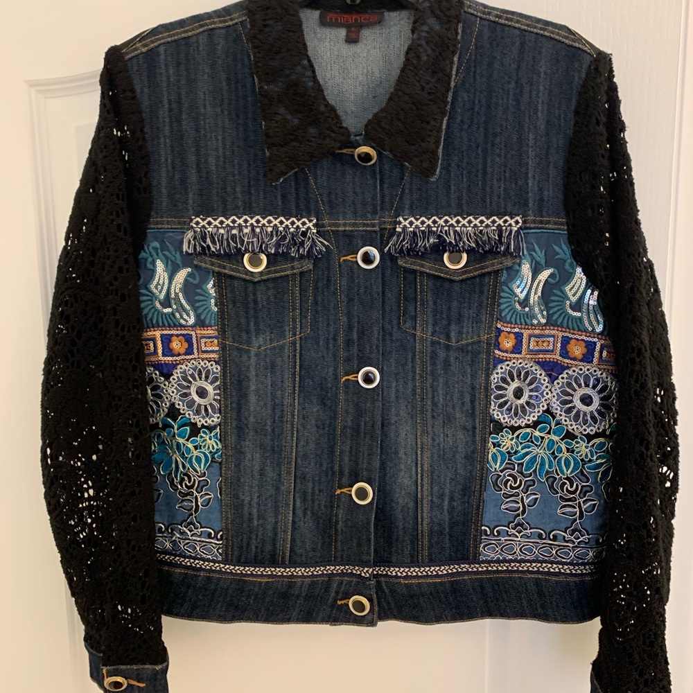 NWOT Stunning Mishca Jean Jacket with black lace sleeves. - Picture 7 of 8